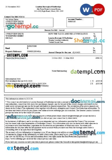 United Kingdom London Borough of Redbridge property tax bill editable template in Word and PDF formats