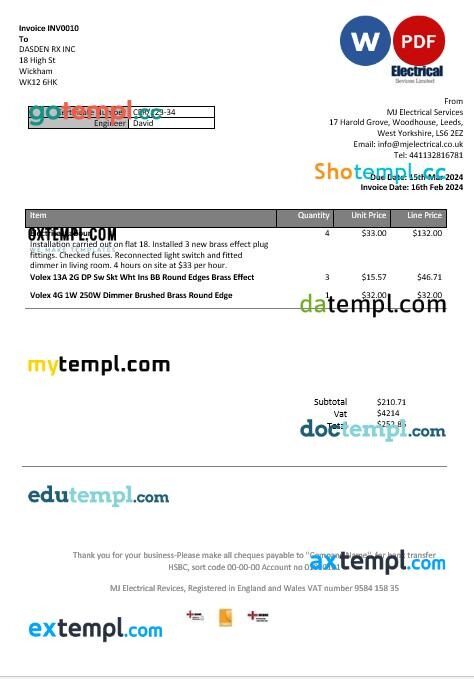 United Kingdom MJ Electrical proof of address business utility bill template in Word and PDF formats