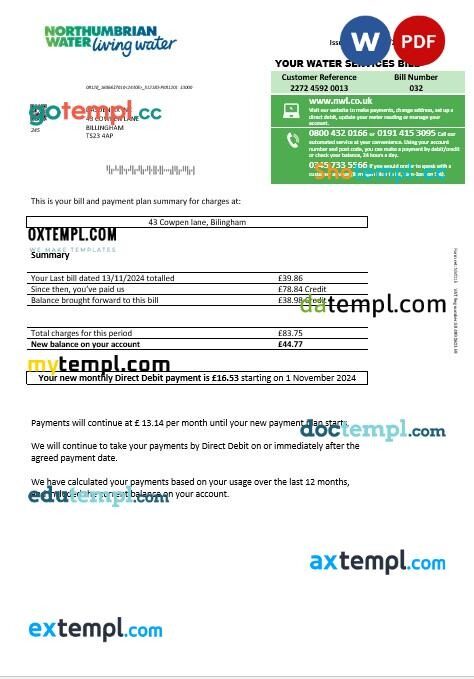 United Kingdom Northumbrian Water business utility bill template in Word and PDF formats, version 1