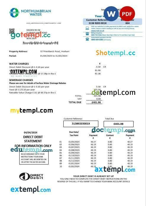 United Kingdom Northumbrian Water business utility bill template in Word and PDF formats, version 2