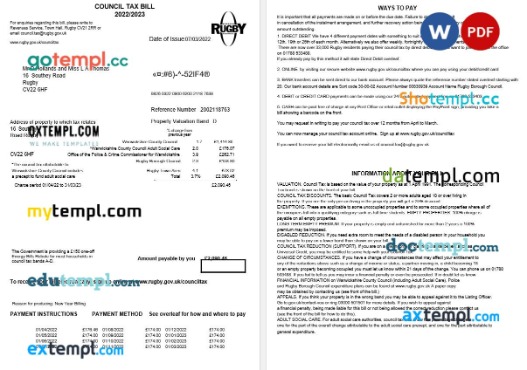 United Kingdom Rugby council tax bill editable template in Word and PDF formats