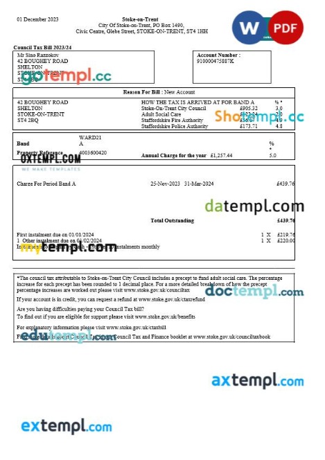 United Kingdom Stoke-on-Trent Council tax bill editable template in Word and PDF formats