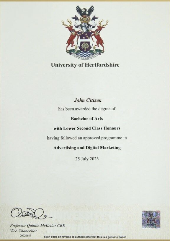 United Kingdom University of Hertfordshire (UH) diploma template in PSD format