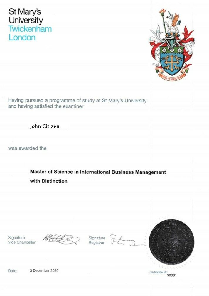 United St Mary’s University, Twickenham diploma template in PSD format