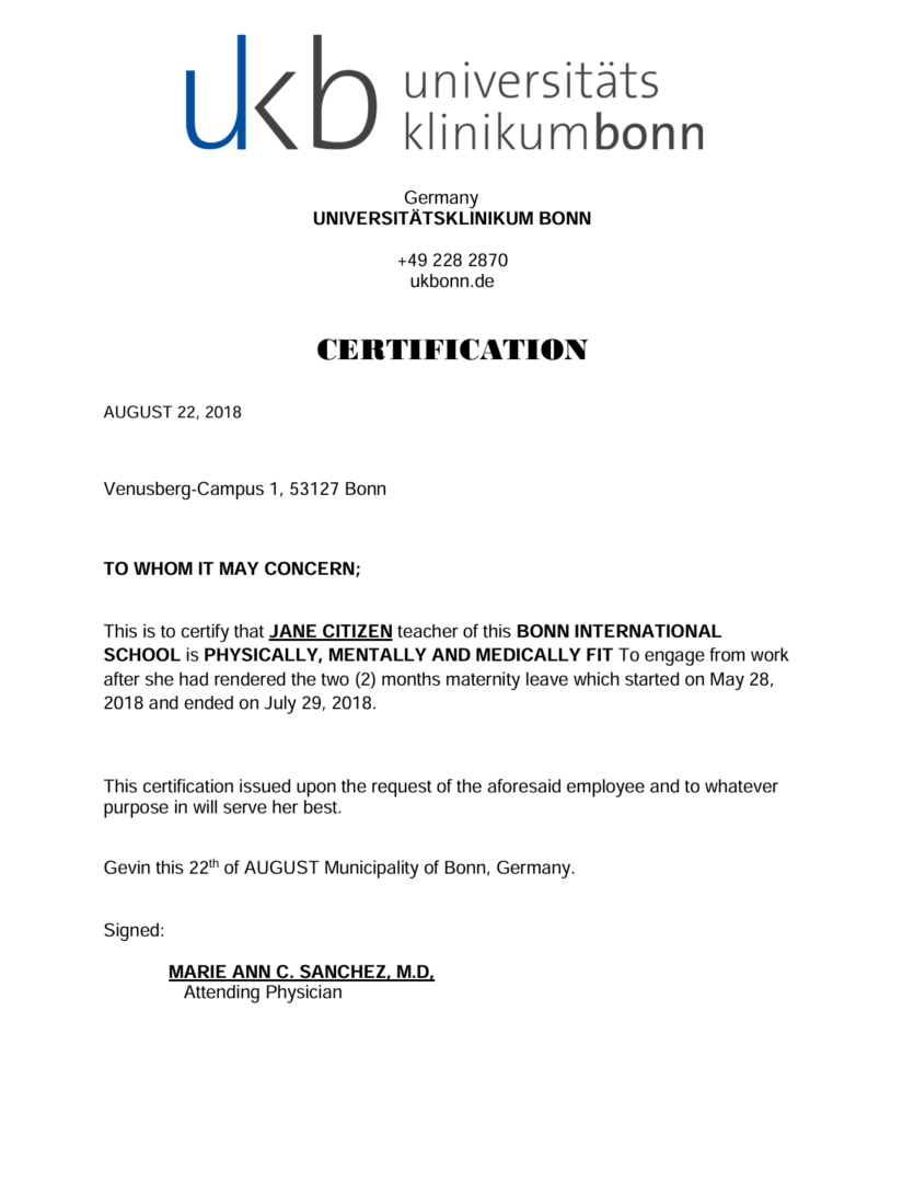 Universitätsklinikum Bonn certification template in Word and PDF formats