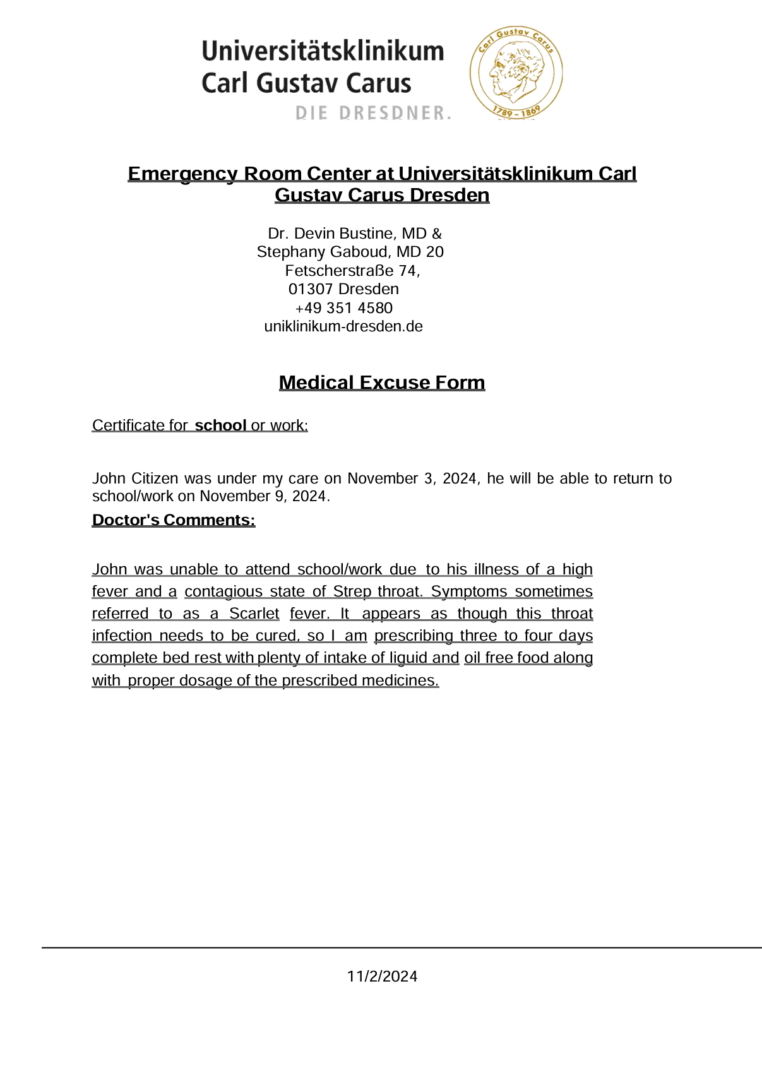 Universitätsklinikum Carl Gustav Carus Dresden medical excuse template in Word and PDF formats