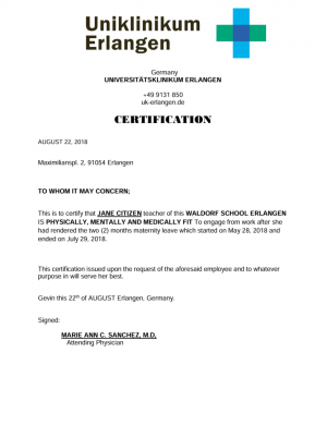 Universitätsklinikum Erlangen certification template in Word and PDF formats