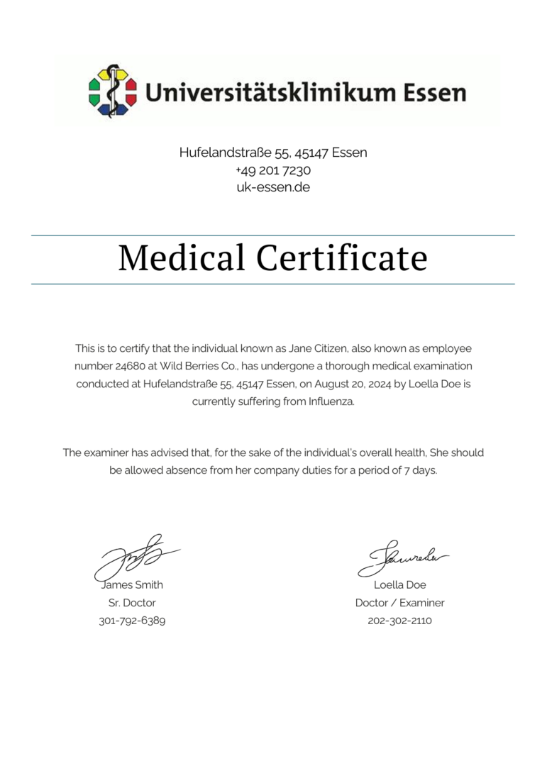 Universitätsklinikum Essen medical certificate template in Word and PDF formats