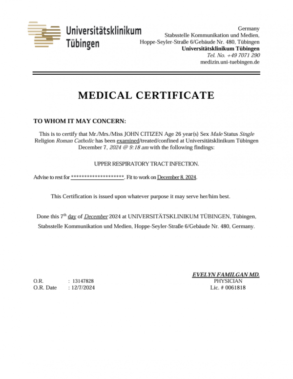 Universitätsklinikum Tübingen medical certificate template in Word and PDF formats