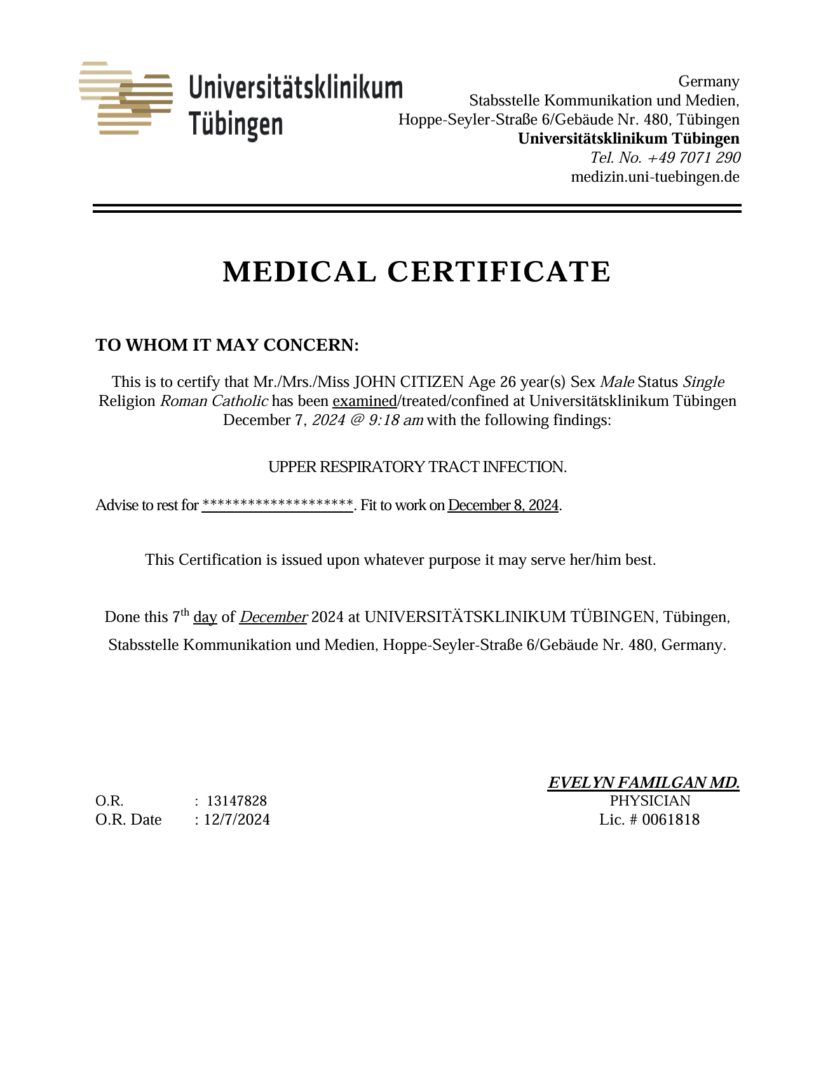 Universitätsklinikum Tübingen medical certificate template in Word and PDF formats