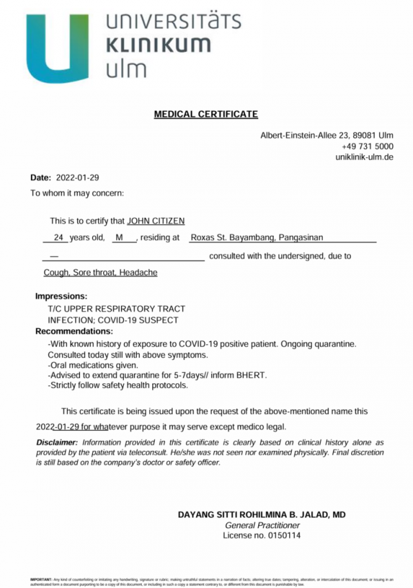 Universitätsklinikum Ulm medical certificate template in Word and PDF formats