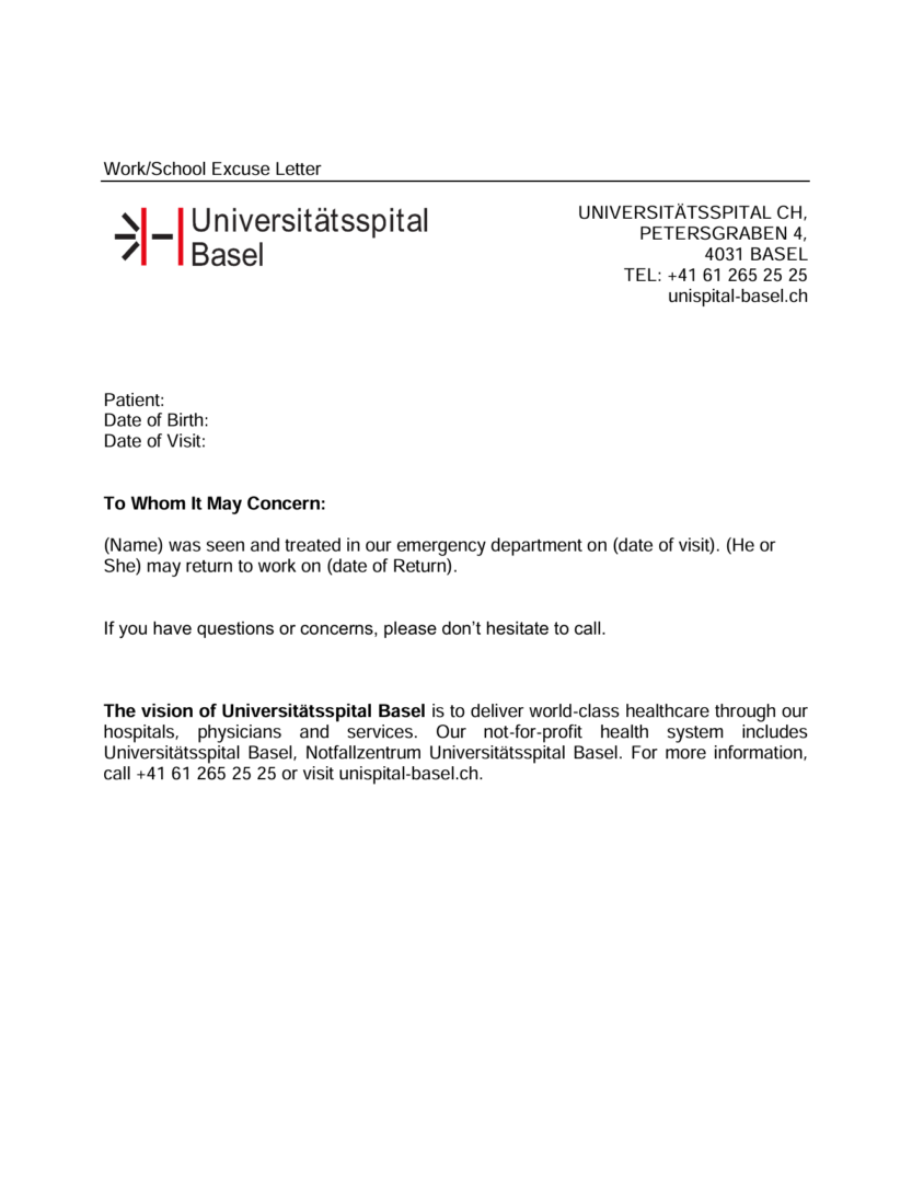 Universitätsspital Basel excuse letter template in Word and PDF formats