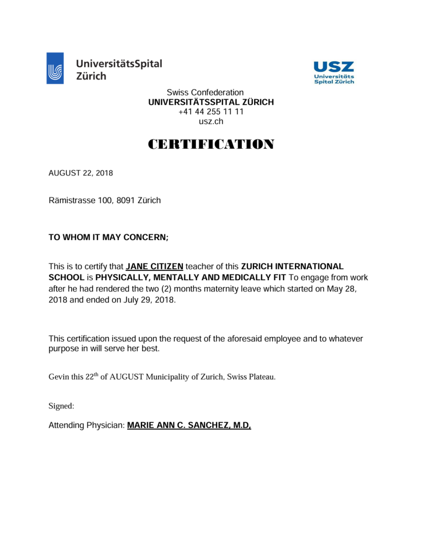 Universitätsspital Zürich medical certificate template in Word and PDF formats