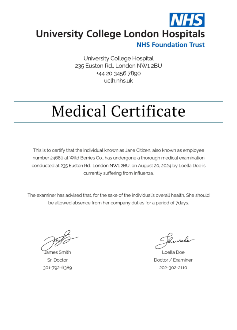 University College Hospital medical certificate template in Word and PDF formats