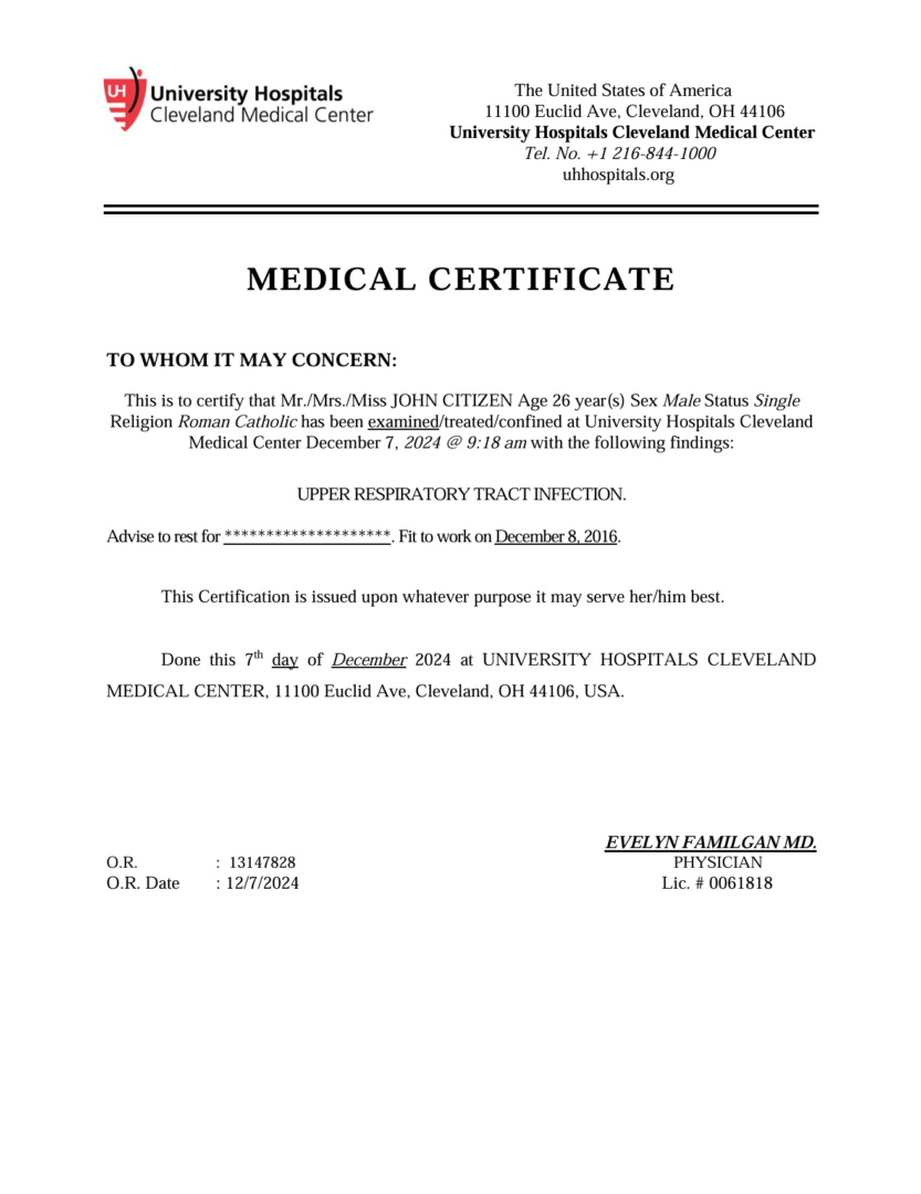 University Hospitals Cleveland Medical Center medical certificate template in Word and PDF formats