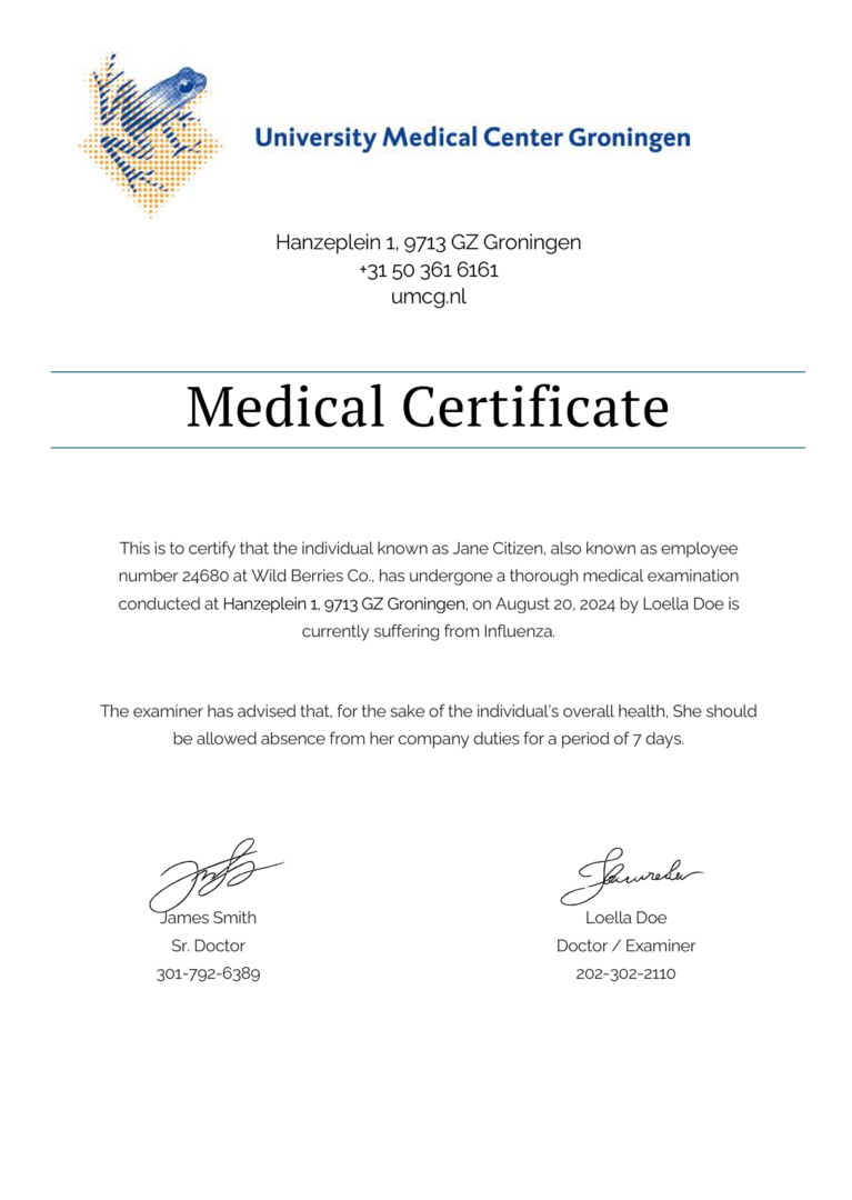 University Medical Center Groningen medical certificate template in Word and PDF formats