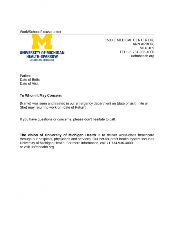University of Michigan Health excuse letter template in Word and PDF formats