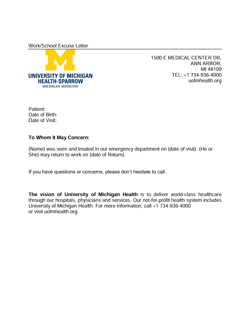 University of Michigan Health excuse letter template in Word and PDF formats