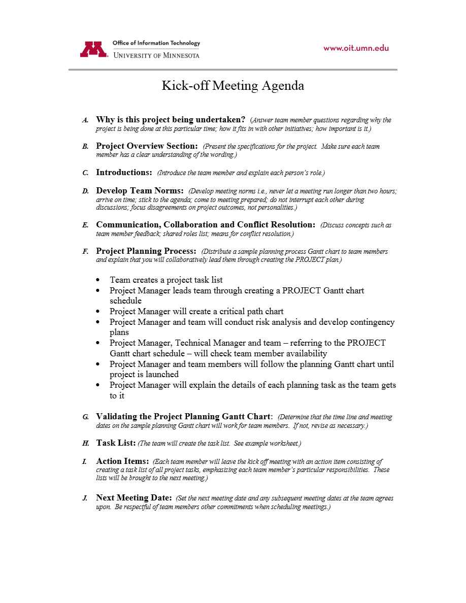 University of Minnesota Kick-off Meeting agenda template in Word and PDF formats