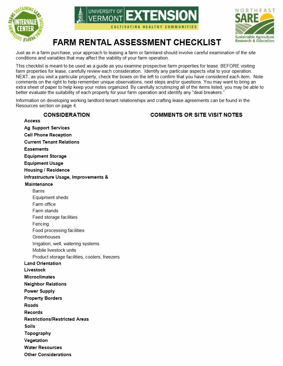 University of Vermont Farm Rental Assesstment checklist template in Word and PDF formats, 4 pages