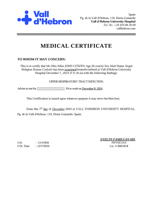 Vall d'Hebron University Hospital medical certificate template in Word and PDF formats