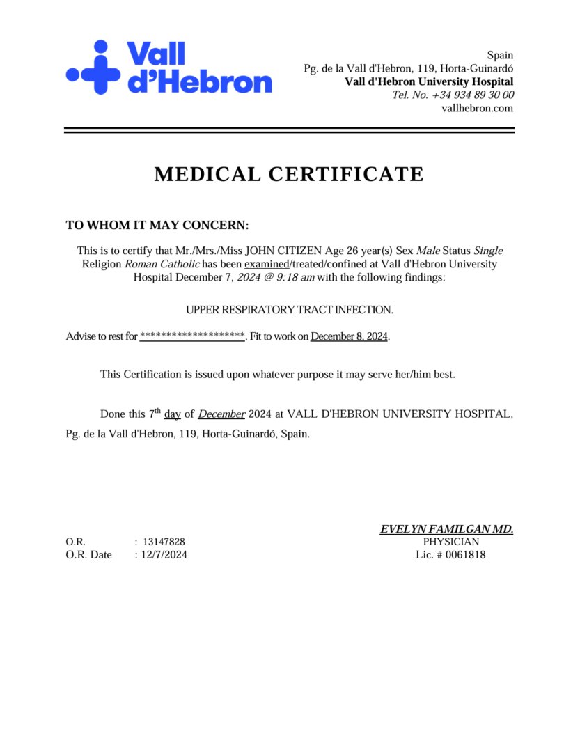 Vall d’Hebron University Hospital medical certificate template in Word and PDF formats