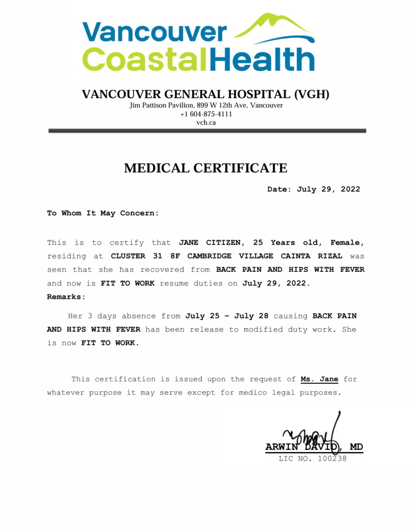 Vancouver General Hospital (VGH) medical certificate template in Word and PDF formats