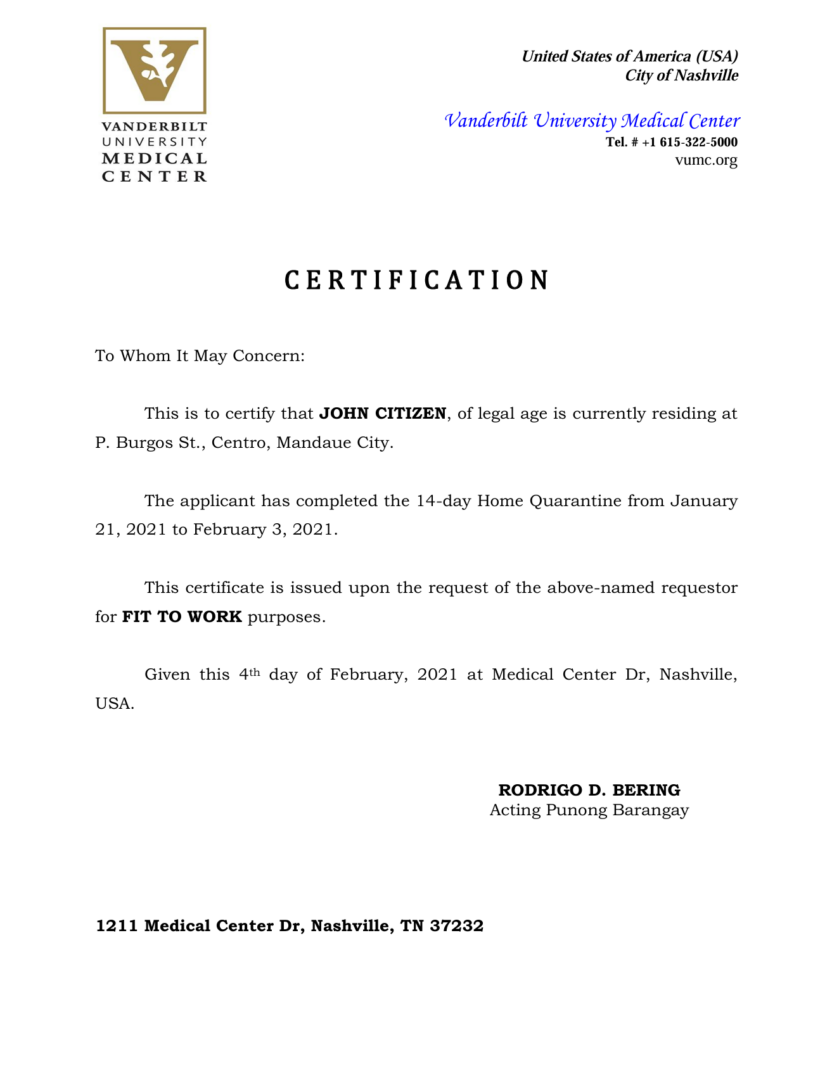 Vanderbilt University Medical Center certification template in Word and PDF formats