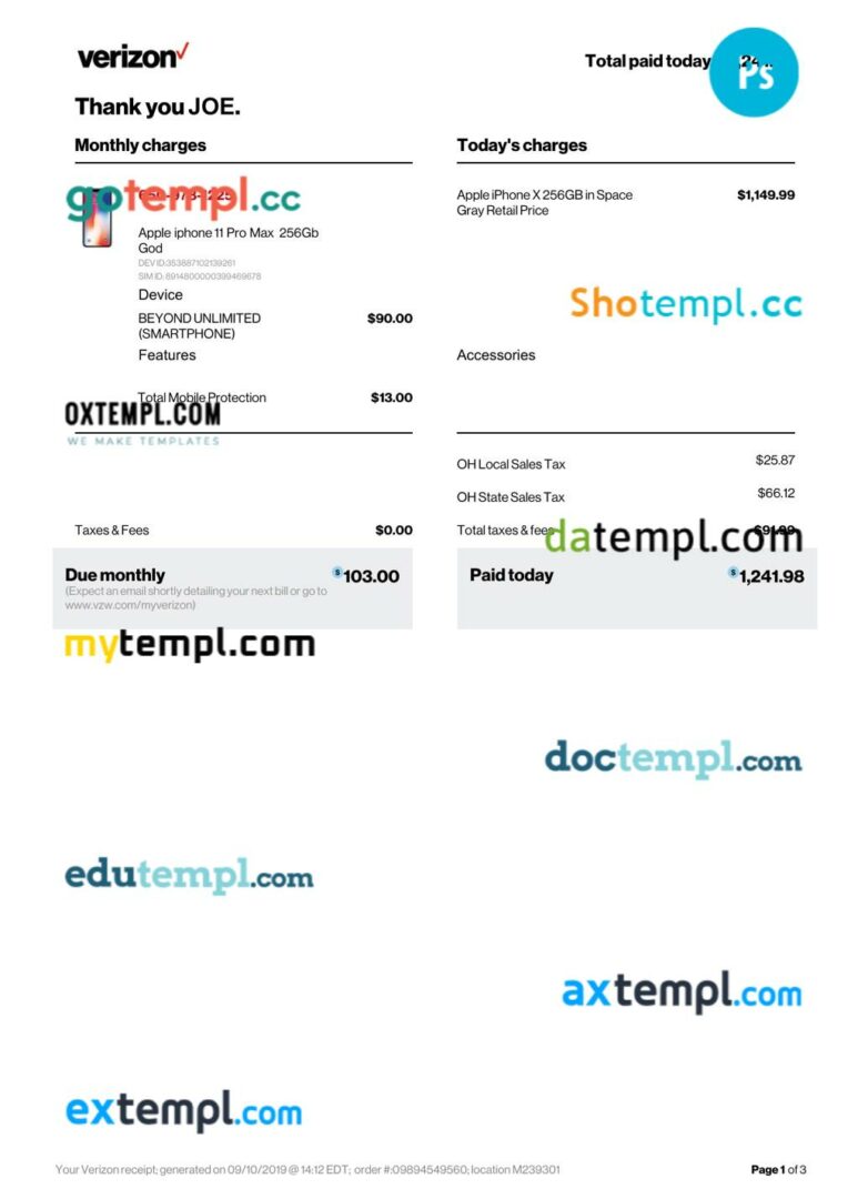 Verizon company payment receipt PSD template