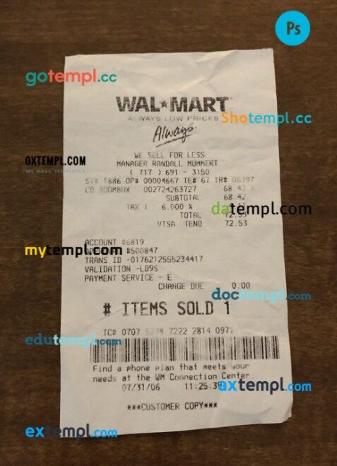 Walmart retailer receipt PSD template