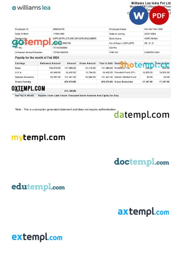 Williams Lea India corporate office payslip template in Word and PDF formats