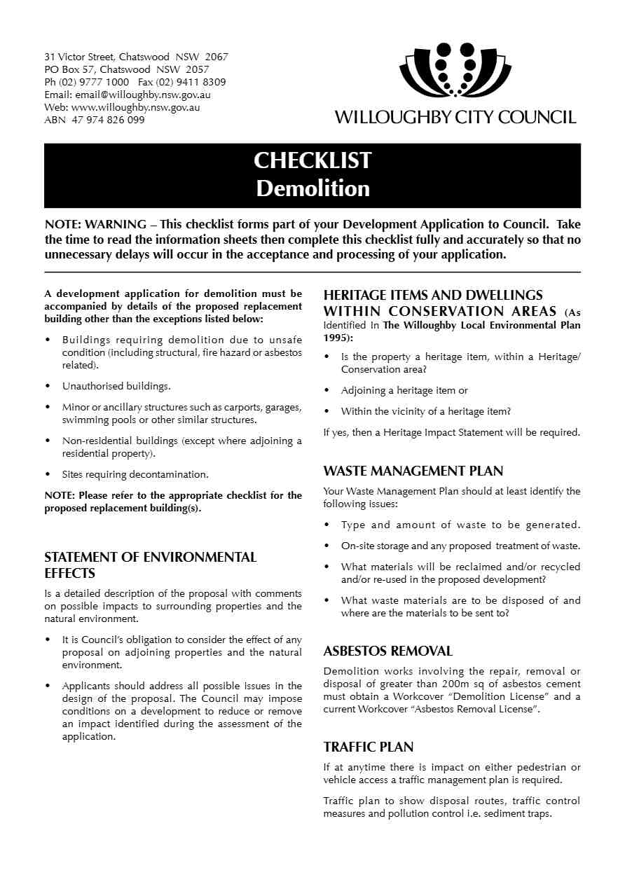 Willoughby City Council Demolition checklist template in Word and PDF formats, 2 pages