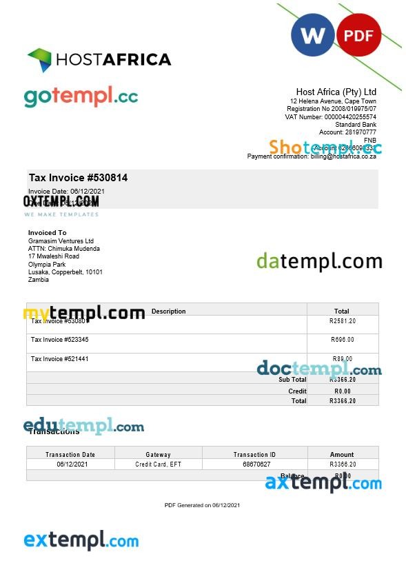 Zambia Host Africa tax invoice editable template in Word and PDF formats