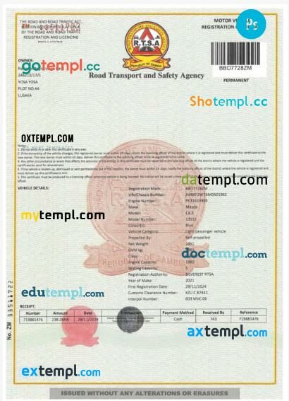 Zambia vehicle registration certificate in PSD format