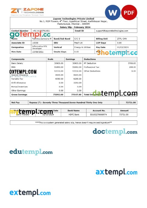 Zapone Technologies payslip template in Word and PDF formats