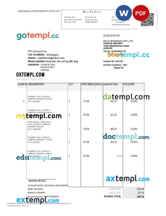 Zimbabwe Hestiadale Investments fiscal tax invoice editable template in Word and PDF formats