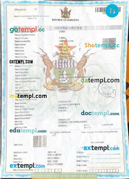 Zimbabwe vehicle registration certificate in PSD format