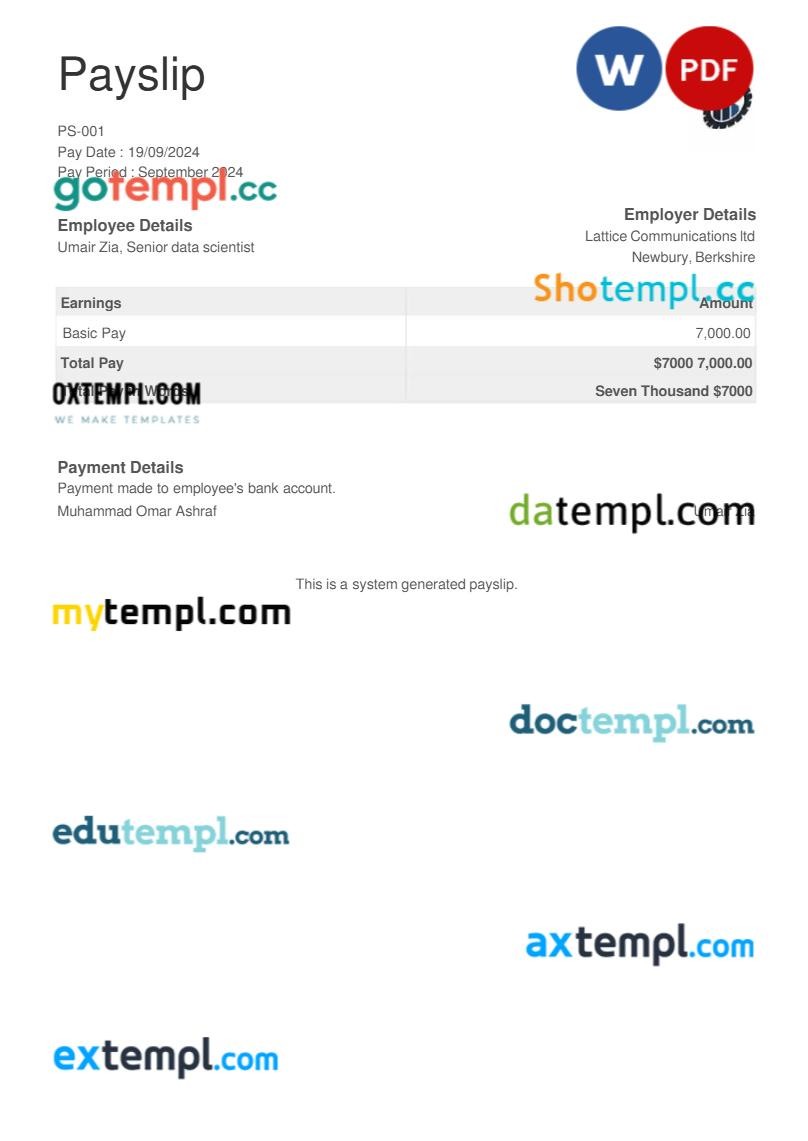 equipment testing company payslip template in Word and PDF formats