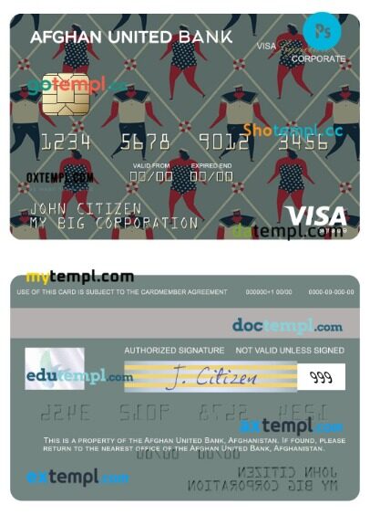 Afghanistan Afghan United Bank visa signiture corporate card template in PSD format