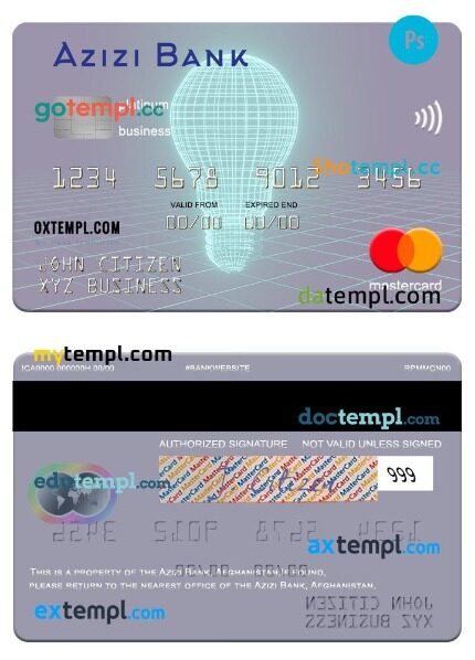 Afghanistan Azizi Bank business platinum mastercard template in PSD format
