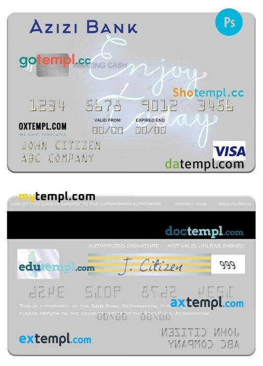 Afghanistan Azizi Bank visa business card template in PSD format
