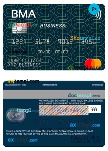 Afghanistan Bank Millie Afghan business mastercard template in PSD format