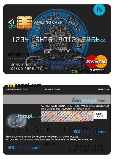 Afghanistan Da bank business amazing cash mastercard template in PSD format