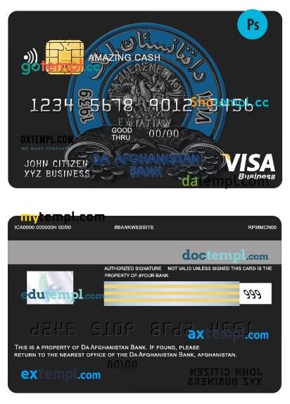 Afghanistan Da bank business amazing cash visa card template in PSD format
