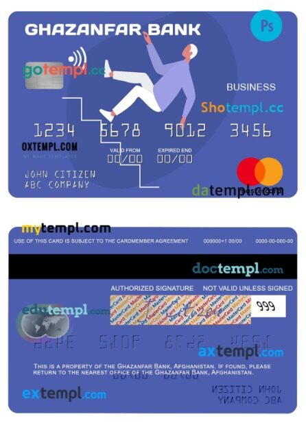 Afghanistan Ghazanfar Bank business mastercard template in PSD format