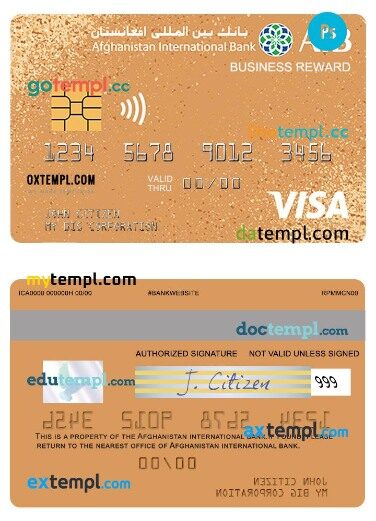 Afghanistan International Bank Business reward visa card template in PSD format
