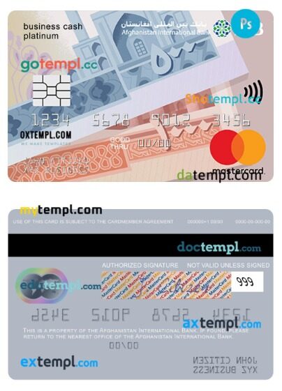 Afghanistan International Bank business cash mastercard platinum template in PSD format