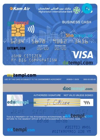 Afghanistan International Bank business cash visa card template in PSD format