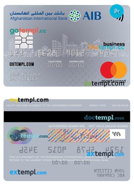 Afghanistan International Bank mastercard business template in PSD format