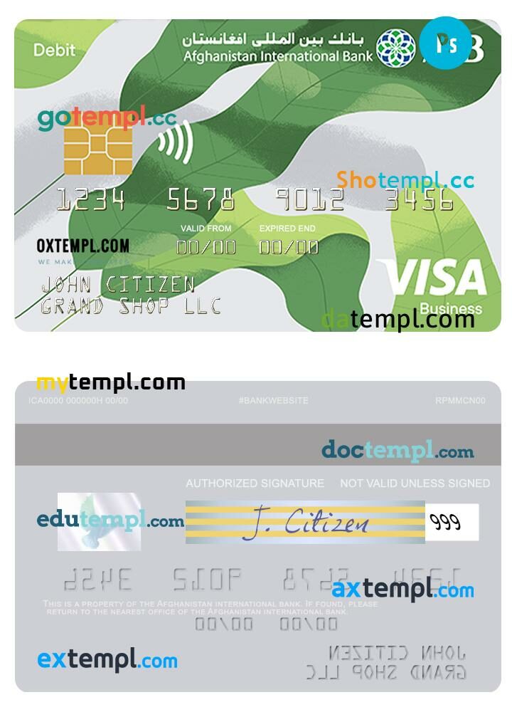 Afghanistan International Bank visa business debit card template in PSD format